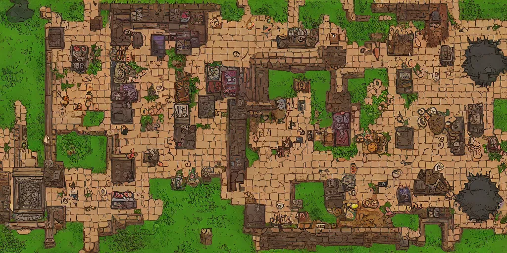 Image similar to A high detailed vector art presenting an aerial view of a RPG tavern by dungeondraft, dofus, Patreon content, containing tables and walls, HD, straight lines, vector, grid, dnd map, map patreon, fantasy maps, foundry vtt, fantasy grounds, aerial view ,dungeondraft , tabletop, inkarnate, dugeondraft, roll20