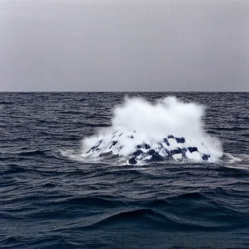 Image similar to a cube in the middle of the sea with images of a tumultuous sea on its sides. in the style of Richard Serra