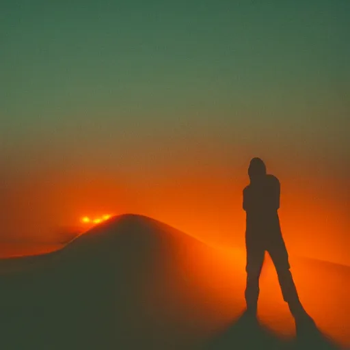 Image similar to a photo of a silhouette of a person in a color lit desert at night