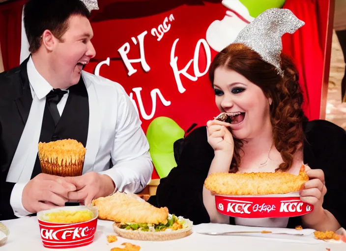 Image similar to A photograph of Shrek and Fiona eating at KFC on their wedding day.