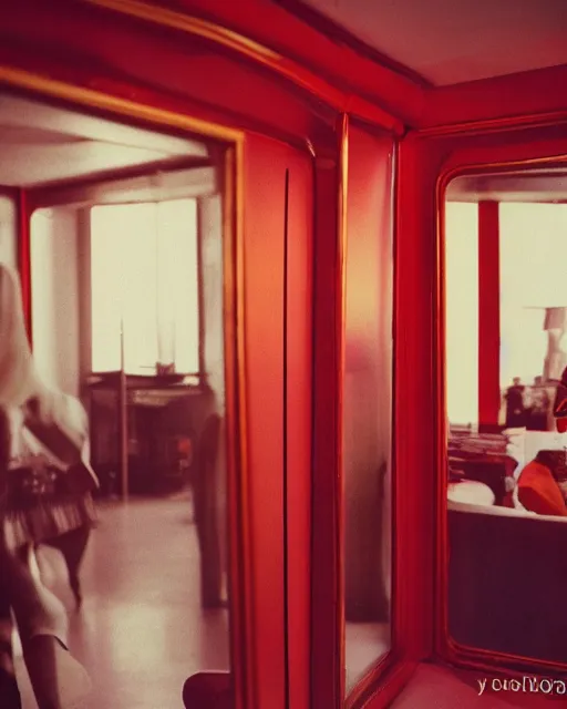 Prompt: photography from 7 0 s, mirror in red room interior in golden hour, soft light, no focus, in style of street photography from 1 9 7 0