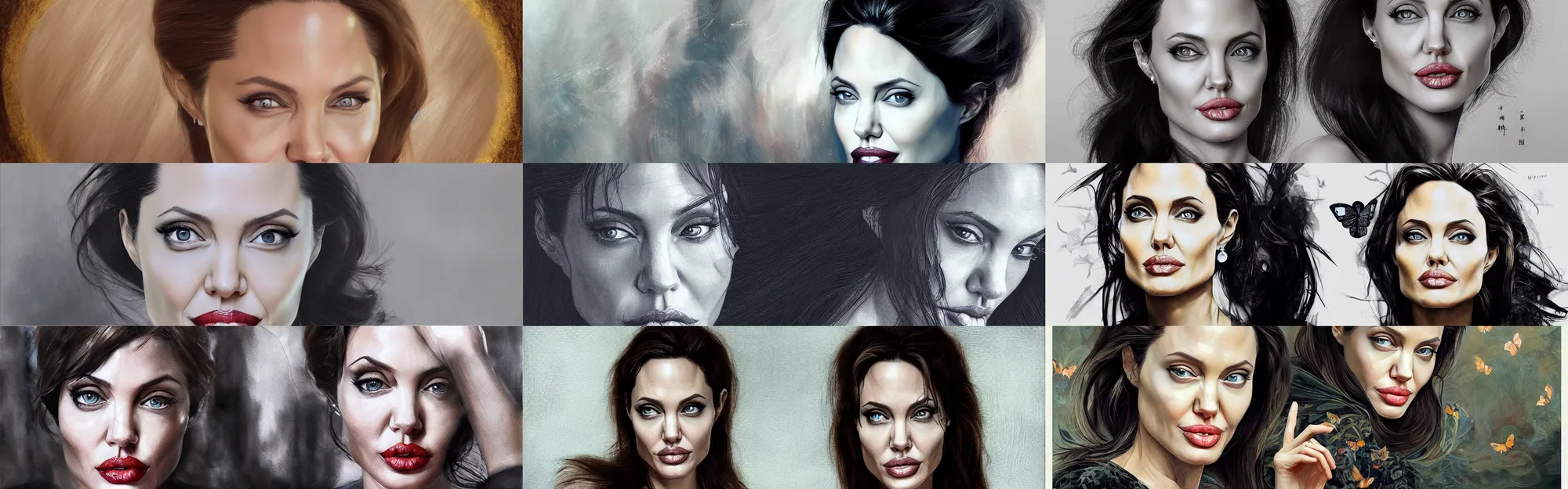 Prompt: Angelina Jolie looking happy, intricate artwork by Tooth Wu and WLOP, cinematic butterflies