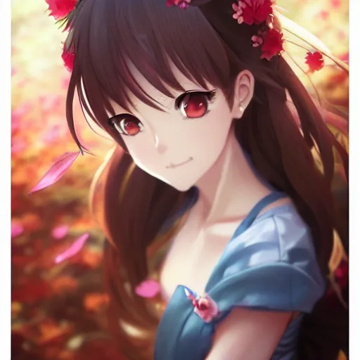 Image similar to anime portrait of a flower girl as an anime girl by Stanley Artgerm Lau, WLOP, Rossdraws, James Jean, Andrei Riabovitchev, Marc Simonetti, and Sakimichan, trending on artstation