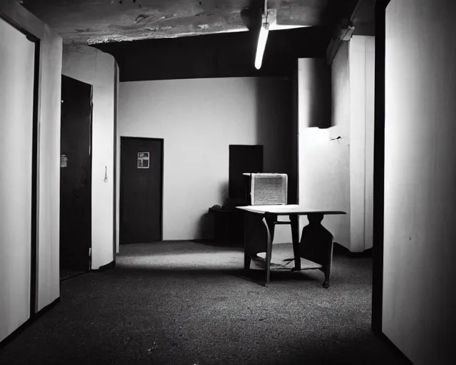 Prompt: interrogation room, film noir, art film, stanley kubrick set piece,!! art!!, black and white, cinematic