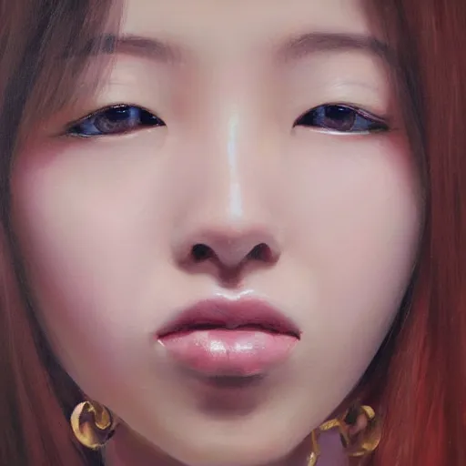 Image similar to perfect, realistic oil painting of close-up japanese girl face, by Sakimichan, by an American professional senior artist, Hollywood concept, dynamic composition and motion, postproduction.