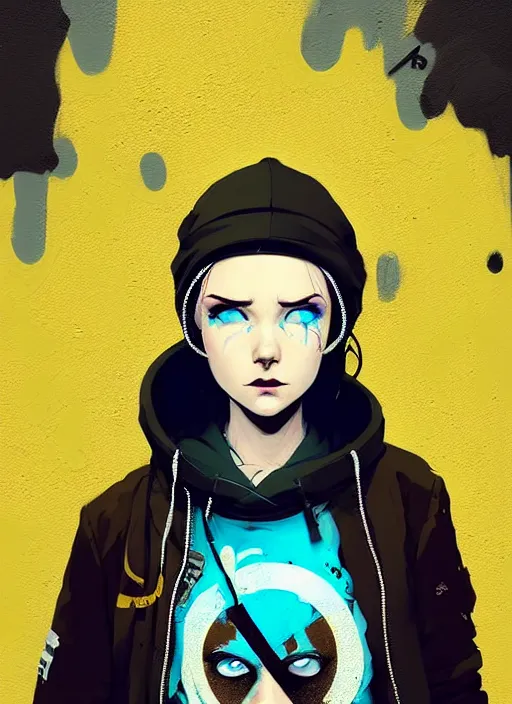 Image similar to highly detailed portrait of a sewer punk lady student, blue eyes, tartan hoody, hat, white hair by atey ghailan, by greg rutkowski, by greg tocchini, by james gilleard, by joe fenton, by kaethe butcher, gradient yellow, black, brown and cyan color scheme, grunge aesthetic!!! ( ( graffiti tag wall background ) )