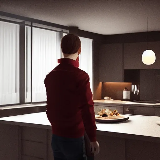 Prompt: man standing in kitchen late at night eating biscuits and drinking red wine, realistic artstyle, wide shot, dramatic lighting, octane render, hyperrealistic, high quality, highly detailed, hd, beautiful, cinematic, 8 k, unreal engine, facial accuracy, symmetrical