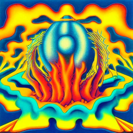 Prompt: 8 0 s new age album cover depicting a mushroom cloud in the shape of guy fieri, very peaceful mood, oil on canvas by mc escher