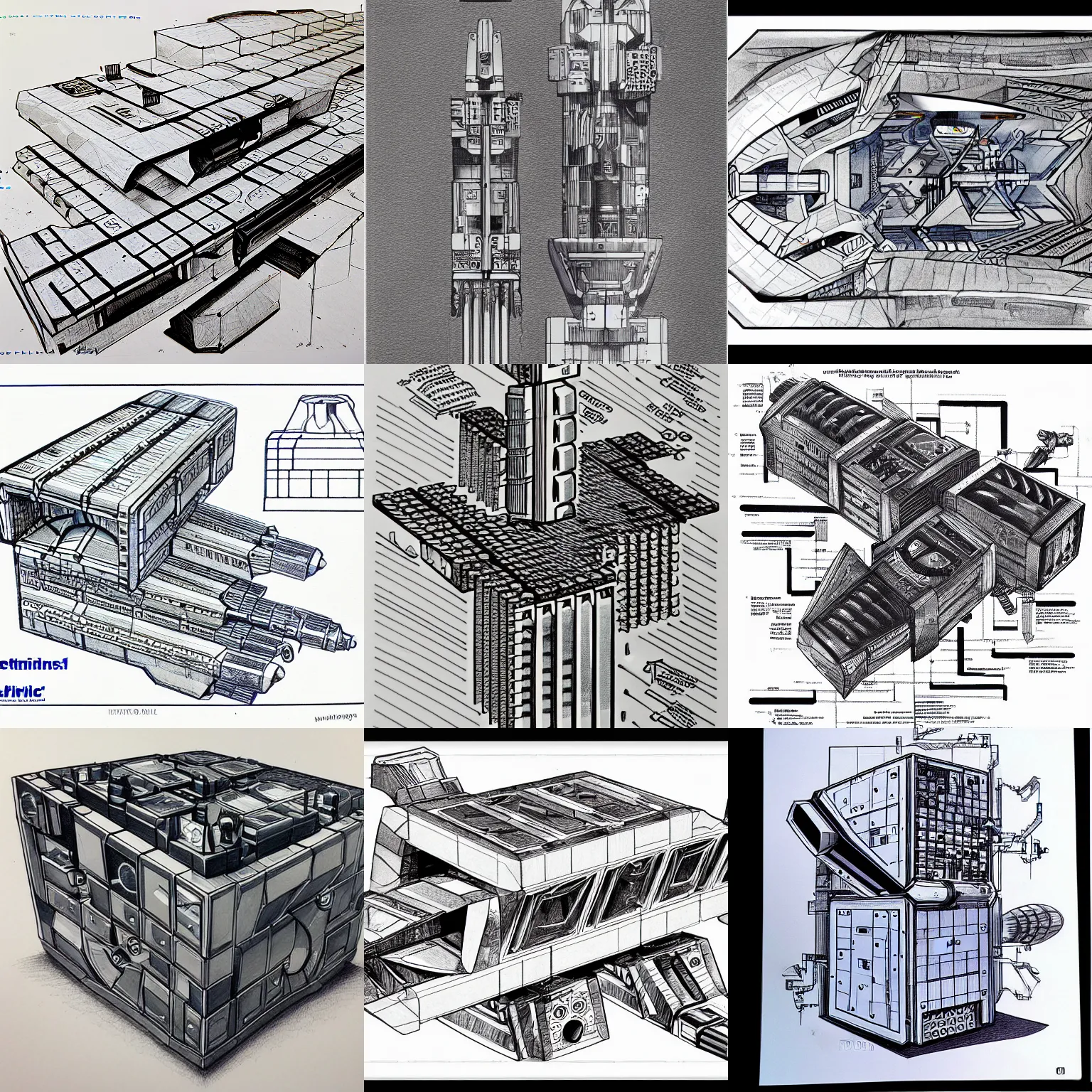 Prompt: cuboid mining spaceship, drills on the front. Engineering technical drawings, ballpoint fine pen, futuristic.