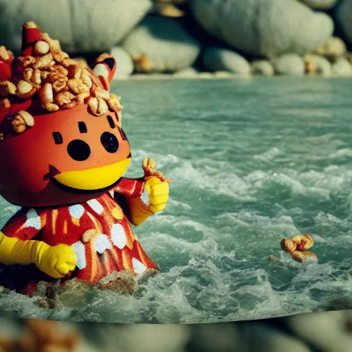 Image similar to A polaroid photo of a cereal mascot standing in a shallow river, dreamy lighting, hi-res photo