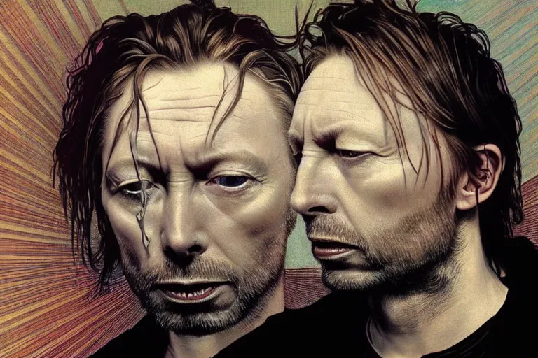 Image similar to hyper realistic portrait of wider faced thom yorke mixed with david bowie, bigger forehead, bigger chin, on a stage, by lee bermejo, alphonse mucha and greg rutkowski