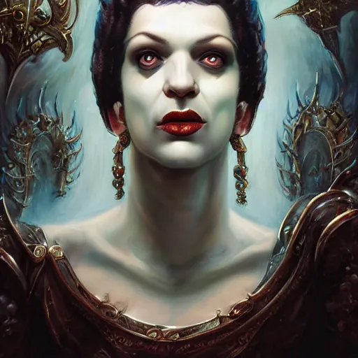 Image similar to closeup portrait shot of brian molko as slaanesh, the prince of pleasure, lord of excess, she who thirsts, desire, highly detailed, digital painting, artstation, concept art, soft focus, depth of field, artgerm, tomasz alen kopera, peter mohrbacher, donato giancola, wlop, boris vallejo