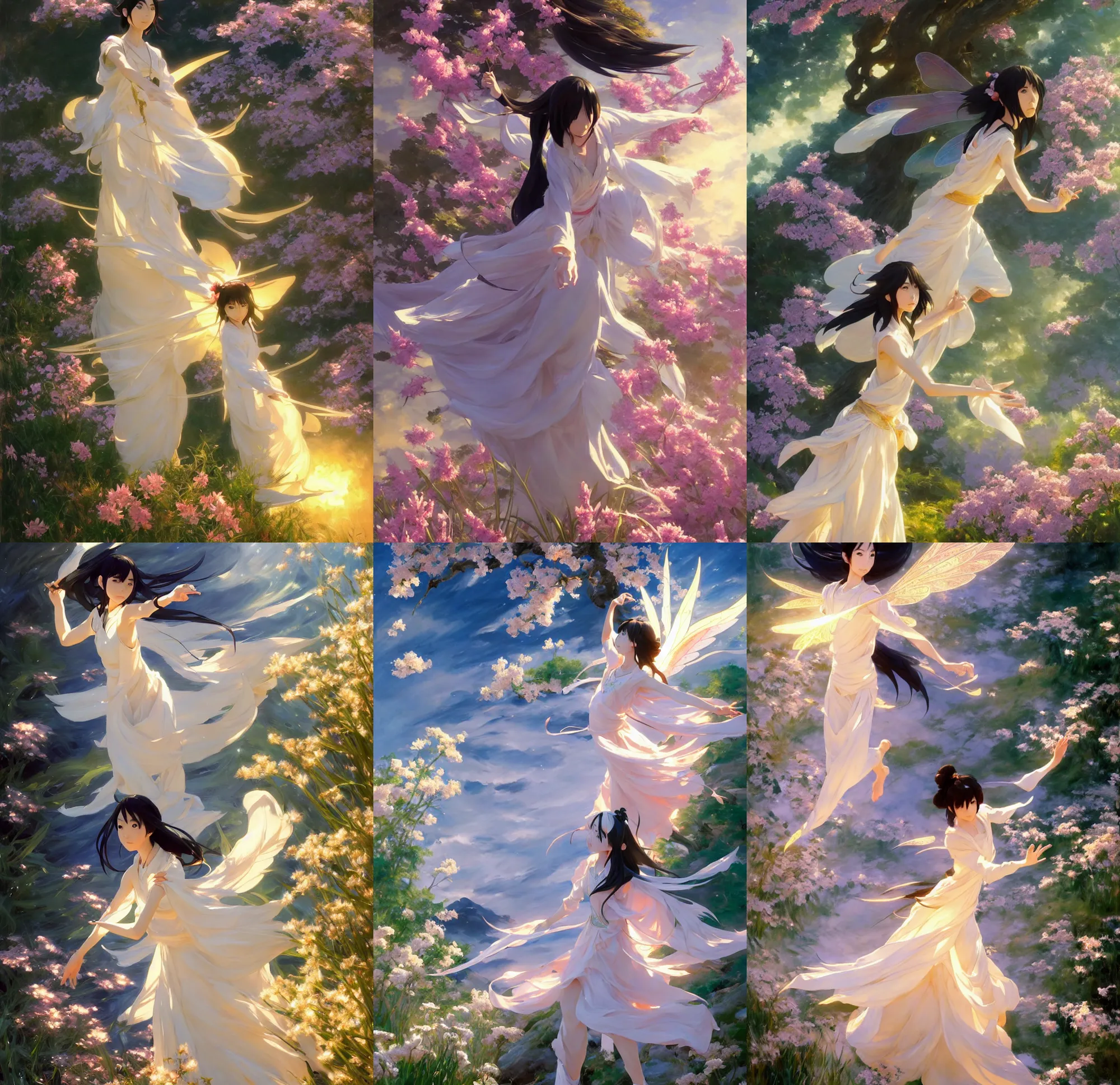 Prompt: oil painting by makoto shinkai and john singer sargent, full body, chinese taoist fairy goddess played by aragaki yui, hyper detailed, character concept, dynamic pose, intricate, lineart, cerpuscular rays, lily flowers. 8 k