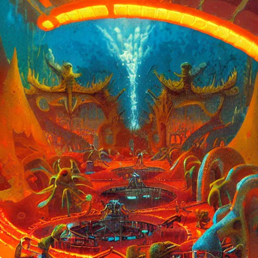 Prompt: a large water park in hell by paul lehr and moebius