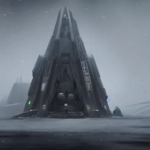 Image similar to star wars concept art by greg rutkowski, a brutalist - looking and imposing temple in the middle of a snowy, dark and hostile landscape, strong blizzards, poor lighting, evil atmosphere, artstation hq.