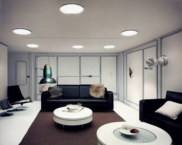 Prompt: “a retro futuristic apartment with Kubrick moonbase lighting design”