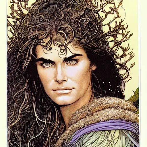 Image similar to a realistic, very beautiful and atmospheric portrait of young brooke shields aged 2 0 as a druidic warrior wizard looking at the camera with an intelligent gaze by rebecca guay, michael kaluta, charles vess and jean moebius giraud