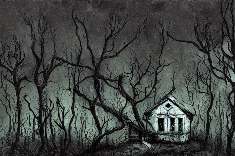 Image similar to mad horror painting of a futuristic alien witch house from another dimension in the woods by ben templesmith