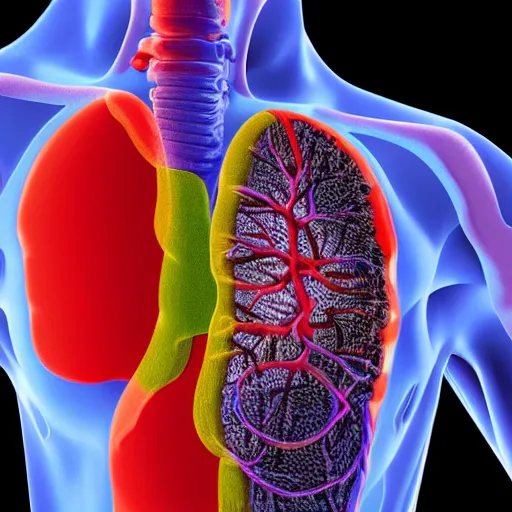 Prompt: colorful computer tomography of human lungs in 3 d, on black background, detailed model of lungs, highly rendered