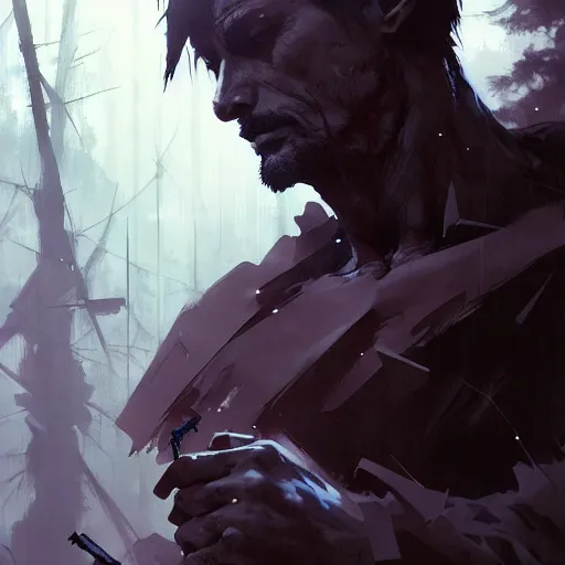 Image similar to man in the desolate forest looking for wifi by Akihito Yoshitomi AND Yoji Shinkawa AND Greg Rutkowski, Mark Arian trending on artstation