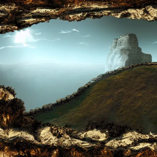 Prompt: a bronze age fortress on a steep mountain, digital art