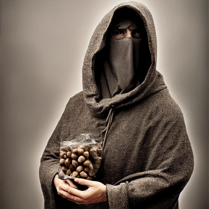 Prompt: closeup portrait of a cloaked hooded figure holding candy, standing in a desolate abandoned house, by Annie Leibovitz and Steve McCurry, natural light, detailed face, CANON Eos C300, ƒ1.8, 35mm, 8K, medium-format print