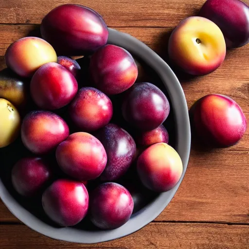 Prompt: a thick porcelain bowl filled with six large moist freshly picked plums on a wooden table. volumetric lighting. 4 k. small scale.