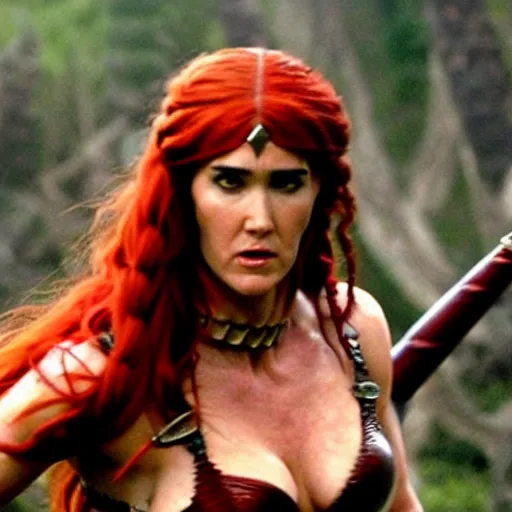 Image similar to jennifer connelly as red sonja, battle scene