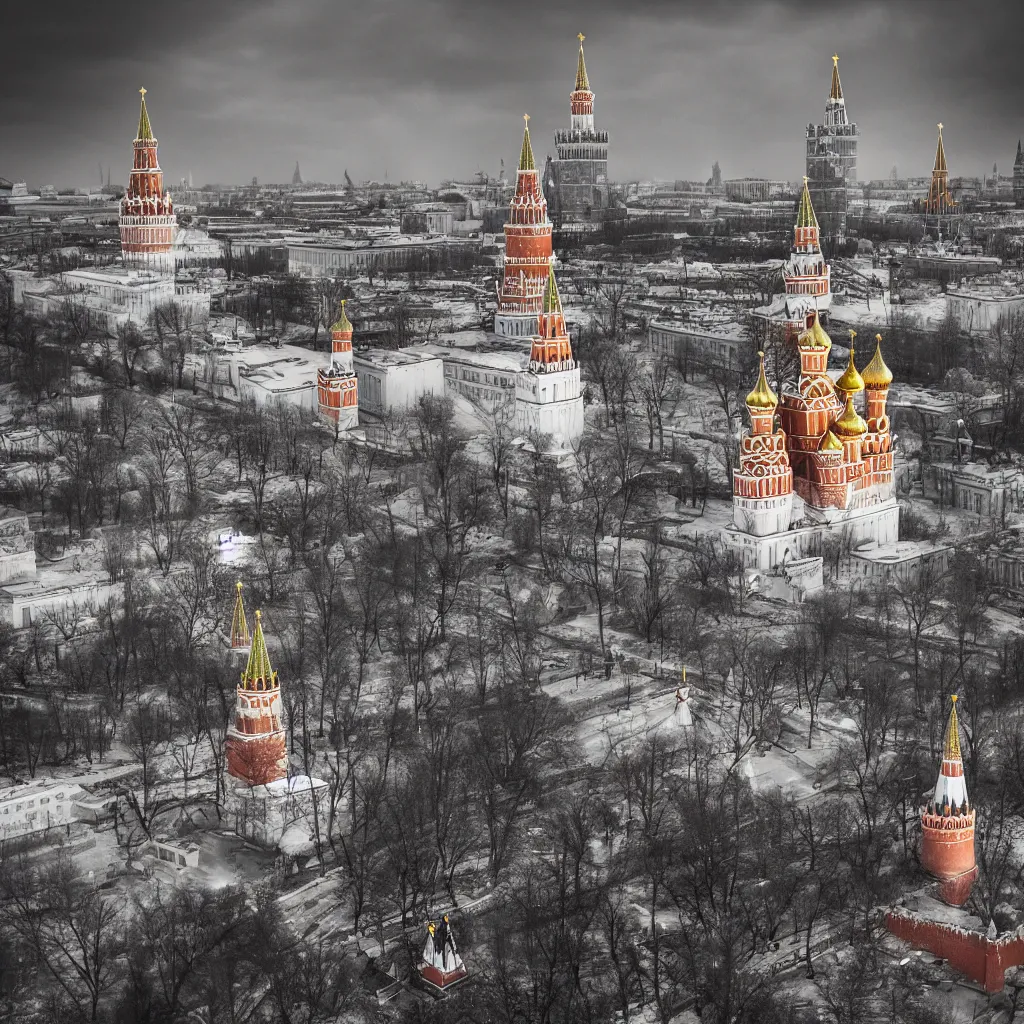 Image similar to collapse of kremlin moscow, destruction, chaos, 4 k, realistic, professional photography