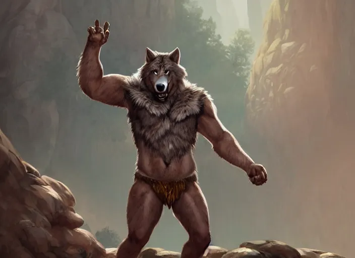 Prompt: burly tough character feature portrait of the anthro male anthropomorphic wolf fursona animal person wearing tribal primitive caveman loincloth outfit full wolf fur body standing in the entrance to the cave, head center framed character design stylized by charlie bowater, ross tran, artgerm, makoto shinkai, detailed, soft lighting, rendered in octane