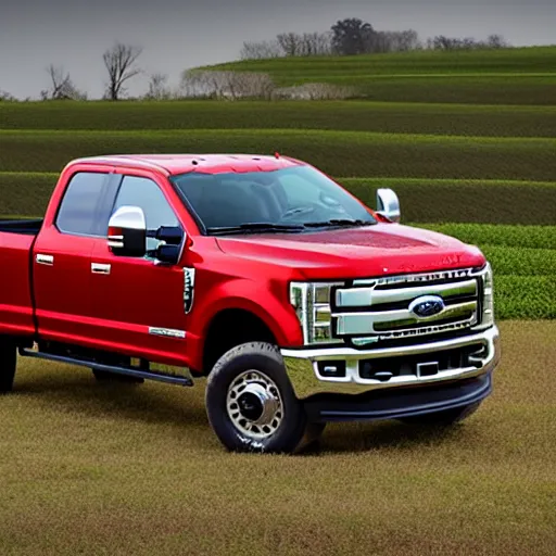 Image similar to A photograph of a man standing next to a red Ford F-250 super duty pickup truck (2018) in a farm field, photo taken in 2018