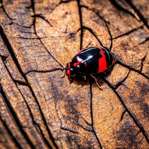 Image similar to macro photo of a ladybird on a tree trunk, reduced field of view, cinematic lighting, professional photography, sunny day