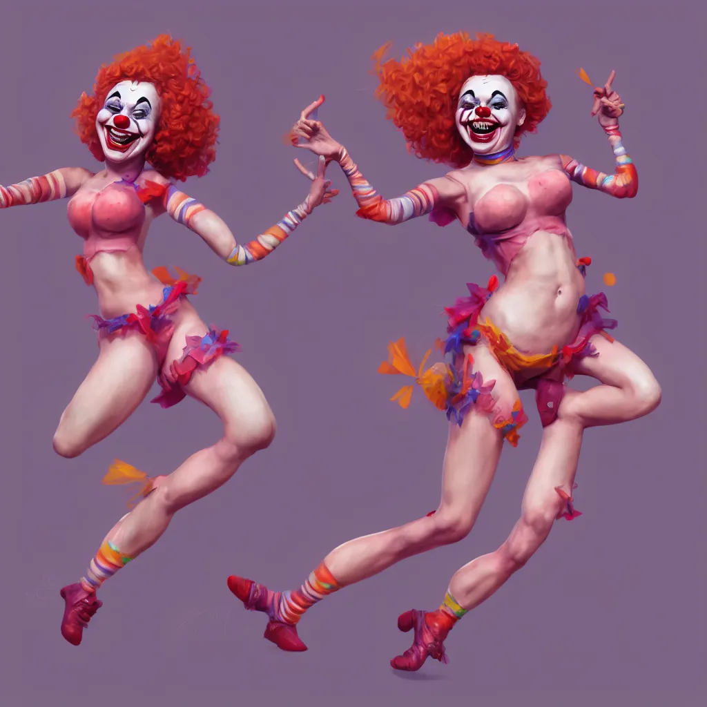 Image similar to a beautiful female clown laughing, full - body and head view, highly detailed, zeronis style, artstation, soft light, sharp focus, illustration, character design, concept art