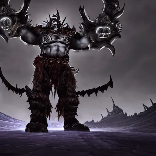 Image similar to epic world of warcraft orc warrior chief thrall standing in front of a gigantic throne made of dark ice with a dark sky above made of a dark hurricane spiral, extremely detailed, wow, cinematic, unreal engine 5, artistic, movie poster, world of warcraft cinematics style