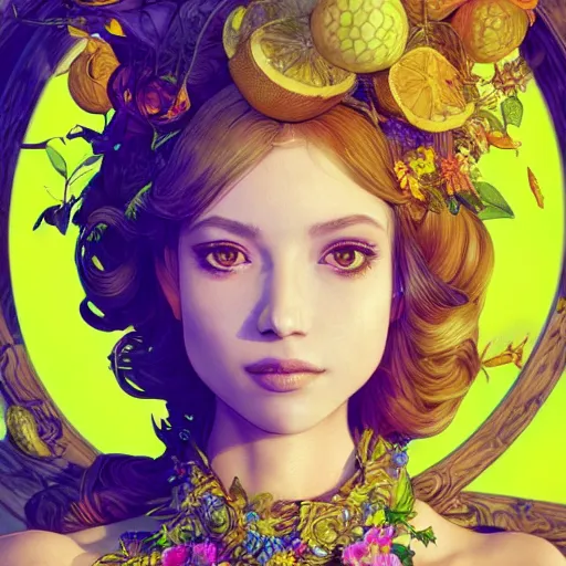 Image similar to the portrait of an absurdly beautiful, graceful, elegant, sophisticated, young idol made up of lemons, an ultrafine hyperdetailed illustration by kim jung gi, irakli nadar, intricate linework, bright colors, octopath traveler, final fantasy, unreal engine 5 highly rendered, global illumination, radiant light, detailed and intricate environment