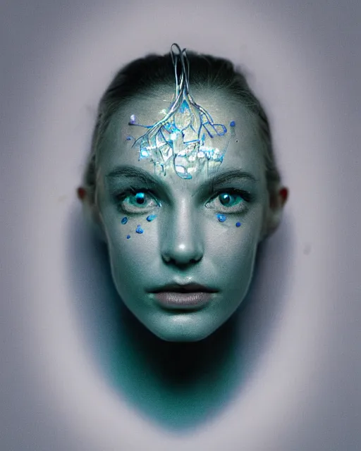 Prompt: natural light, soft focus photo of petri dish with a bacteriological culture and mold with little filaments under the microscope, octane render, tilt shift, polaeized light, blue bioluminescent plastics, smooth shiny metal, elaborate ornate head piece, piercings, skin textures, by annie leibovitz, paul lehr