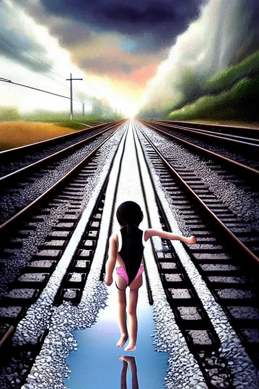 Prompt: reflective water submerges invisible underwater train tracks as a barefoot girl carries her shoes, there is a train station in the distance and large white clouds on a wide horizon, intricate, elegant, highly detailed, digital photo, artstation, concept art, smooth, sharp focus, low angle photo, art by artgerm and greg rutkowski and fra angelico