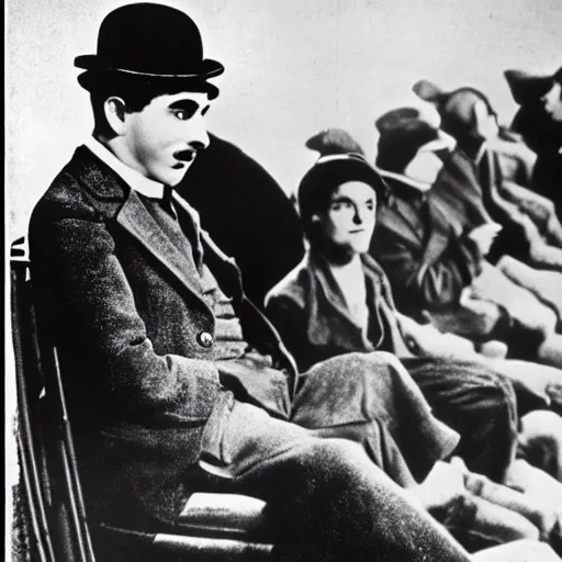 Prompt: silent film still of charlie chaplin's the tramp sitting in the audience of a movie theater, watching a superhero movie projected on the screen