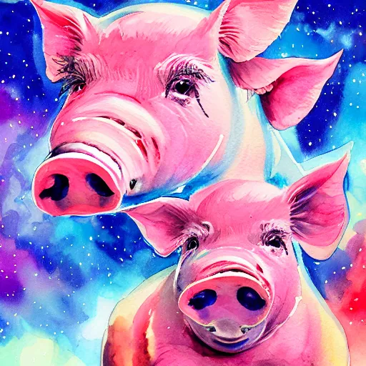 Prompt: marvelous pigs in space. watercolor. vibrant. amazing painting. beautiful. high resolution. highly realistic. cool tones. close - up. 8 k. trending on artstation.