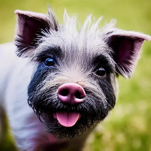 Prompt: “photograph of a mix between a cairn terrier and a pig”