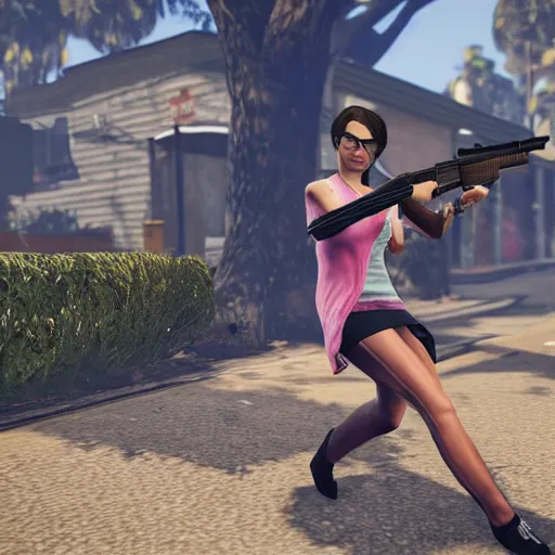 Image similar to gta 5, gta V style, gorgeous, girl with a gun