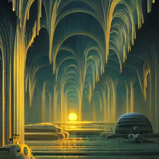 Prompt: The world is labyrinthine beyond possibility of imagining, inhabited on many levels by alien intelligence, infinite in extent, staggering in its beauty, terrifying in its weirdness, endlessly satisfying and peculiar, by Ralph McQuarrie and Bruce Pennington, cinematic lighting, hyper realism, high detail, iridescent accents