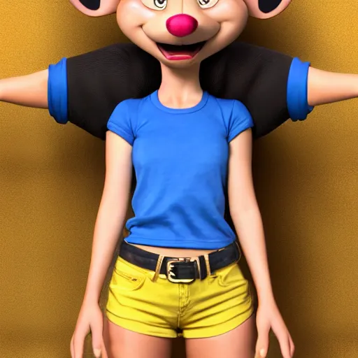 Image similar to 3 d render, portrait, upper body shot, mid shot, anthropomorphic mouse, female, wearing denim short shorts and a off yellow tank top shirt, in the style of flushed away