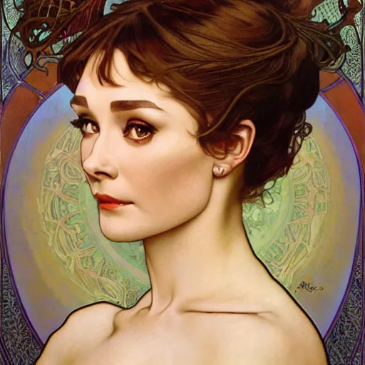 Prompt: realistic detailed face portrait of Audrey Hepburn by Alphonse Mucha, Ayami Kojima, Amano, Charlie Bowater, Karol Bak, Greg Hildebrandt, Jean Delville, and Mark Brooks, Art Nouveau, Neo-Gothic, gothic, rich deep colors