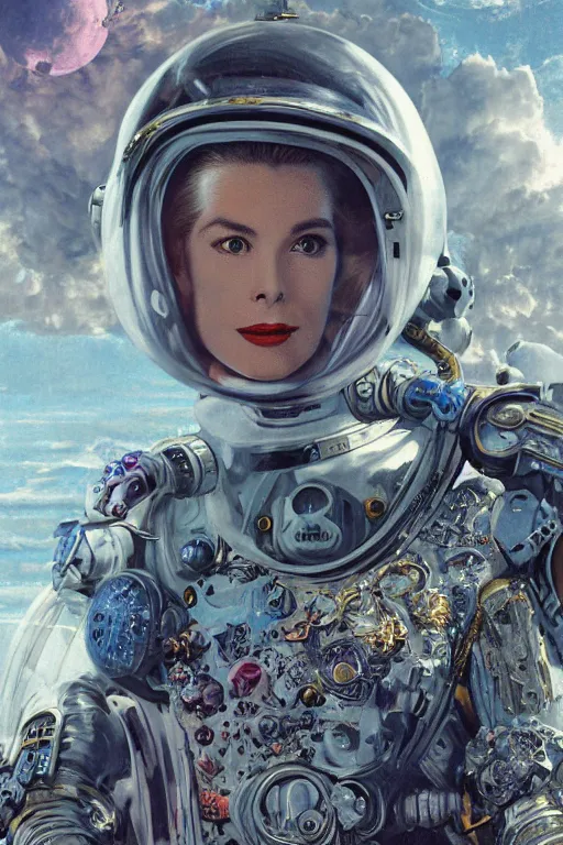 Image similar to grace kelly in a spacesuit by mahmoud farshchian, mia brownell, very detailed, maximalism, ambient occlusion, volumetric light, atmospheric haze, hyper realism, cyberpunk shading, cinematic composition, realistic render, photorealistic, wide shot