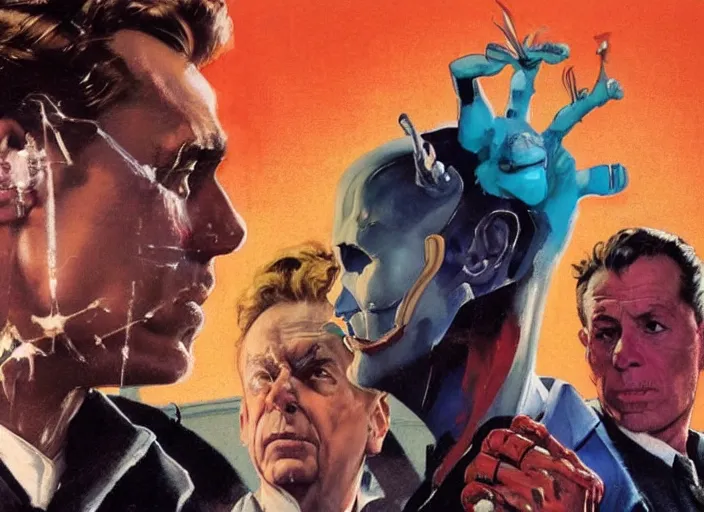 Image similar to a still from the movie avengers : endgame by of francis bacon and norman rockwell and james jean, a still from the movie godfather, and mark brooks, triadic color scheme, by greg rutkowski, syd mead and edward hopper and norman rockwell and beksinski, dark surrealism, orange and turquoise