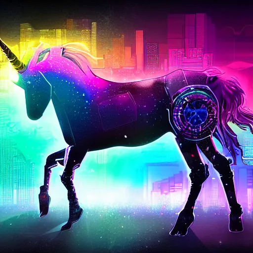 Prompt: cyberpunk rainbow unicorn