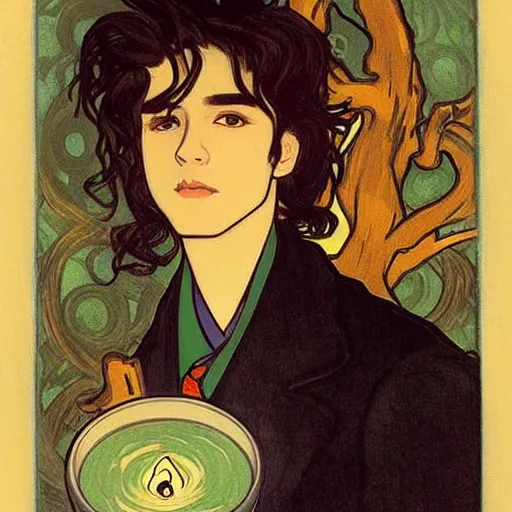 Image similar to painting of young cute handsome beautiful dark medium wavy hair man in his 2 0 s named shadow taehyung and cute handsome beautiful min - jun together at the halloween! party, bubbling cauldron!, candles!, smoke, autumn! colors, elegant, wearing suits!, delicate facial features, art by alphonse mucha, vincent van gogh, egon schiele