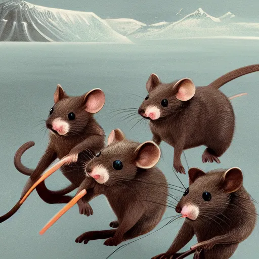 Prompt: a beautiful art illustration of a group of mice running on the iceland,artstation, professional, very detailed