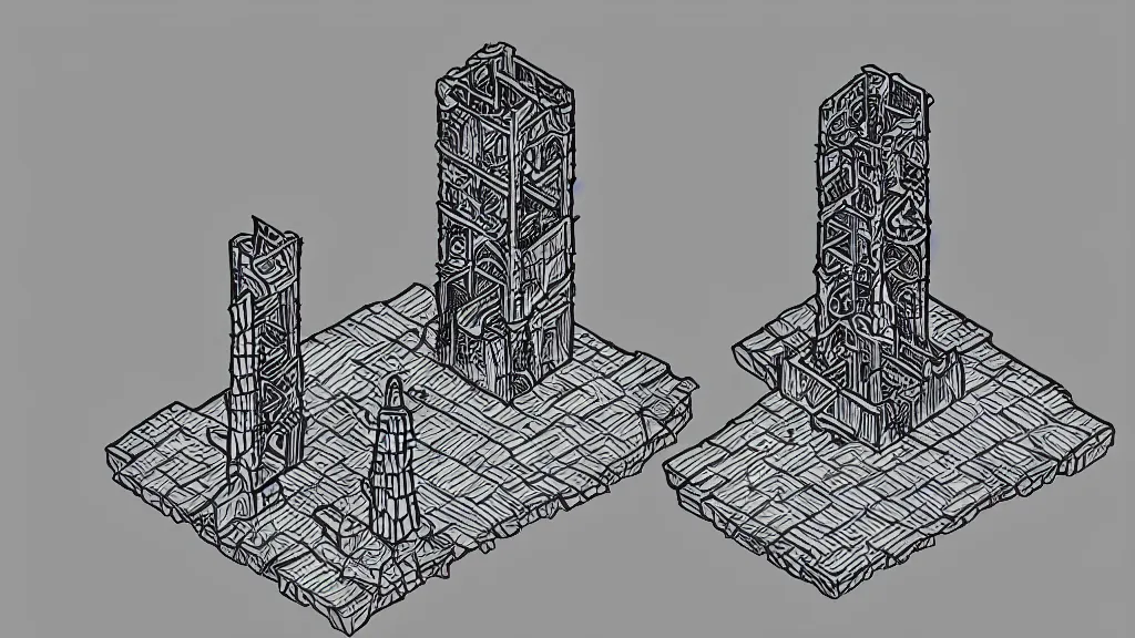 Image similar to isometric view of a solar punk wizard tower that's surrounded by rocks and mountains, lineart.